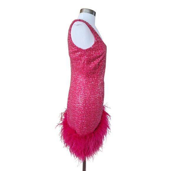 NADINE MERABI Hot Pink Evie Sequin Feather Trim Mini Dress Sz 6 Small Prom - Picture 6 of 16